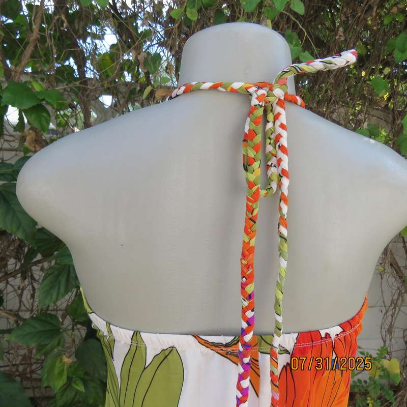 KLESSMANN white stretch polyester with orange-purple-green bold feather print size 36 halter dress.