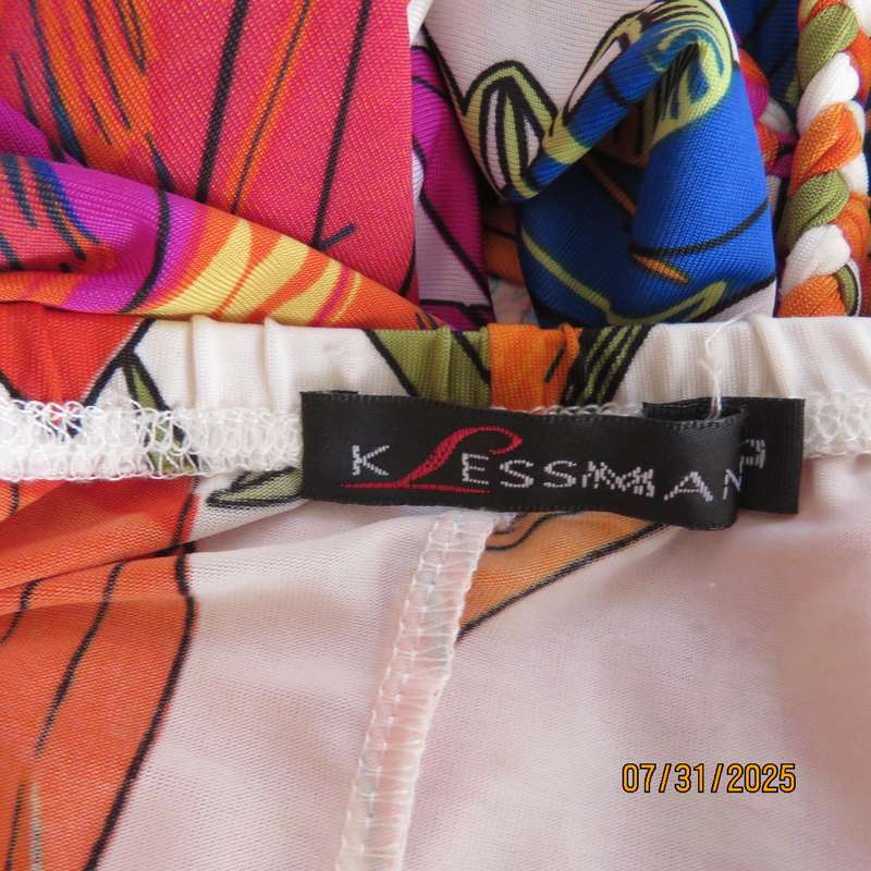 KLESSMANN white stretch polyester with orange-purple-green bold feather print size 36 halter dress.