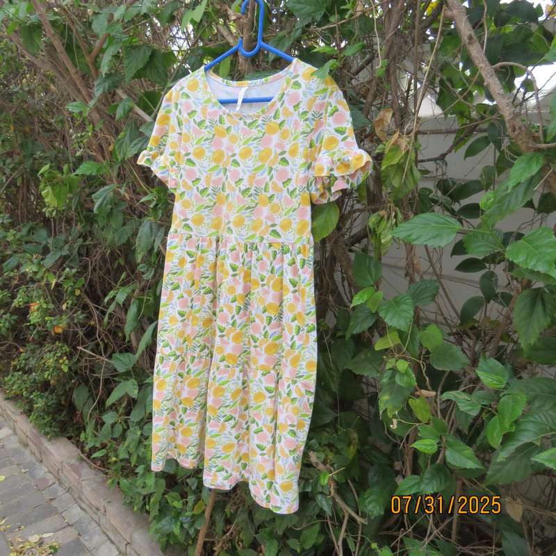 EXACT Kids slip over white cotton stretch dress with yellow-green print. For 11-12 year old