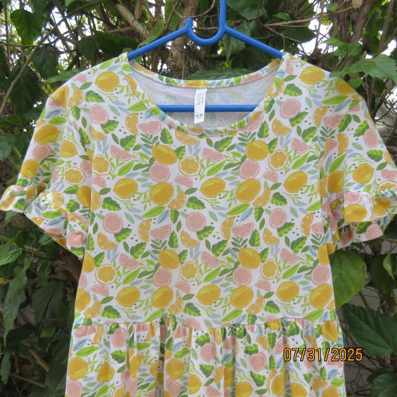 EXACT Kids slip over white cotton stretch dress with yellow-green print. For 11-12 year old