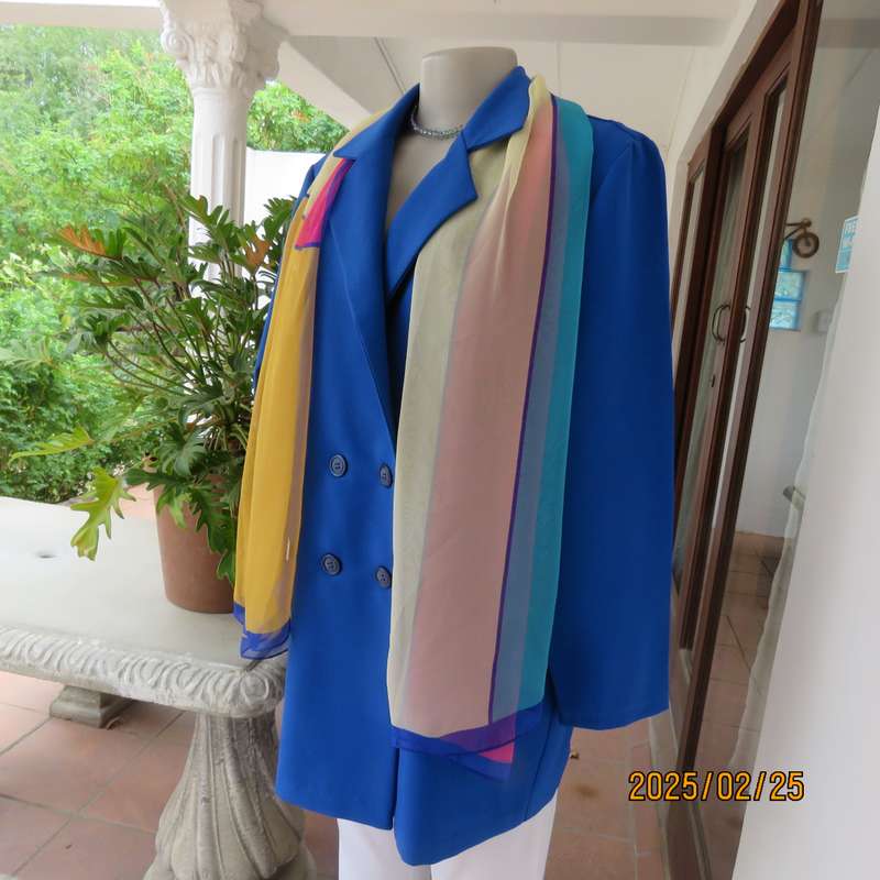 Charming colour blocked sheer polyester scarf in blues-yellows-orange and pink.Size 160cm x 50cm.New