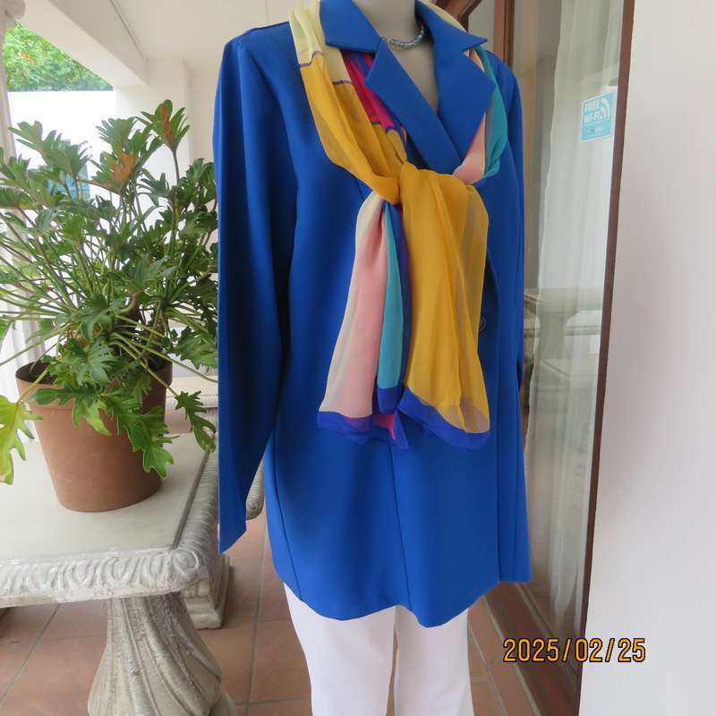 Charming colour blocked sheer polyester scarf in blues-yellows-orange and pink.Size 160cm x 50cm.New