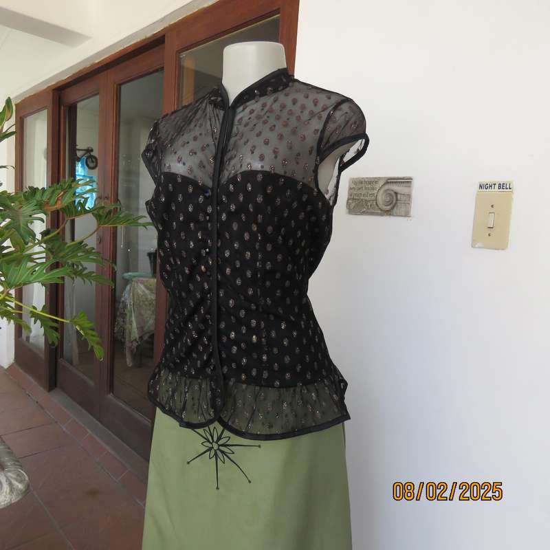 WWW black sheer polyester with oval glitter pattern peplum top. Size 36