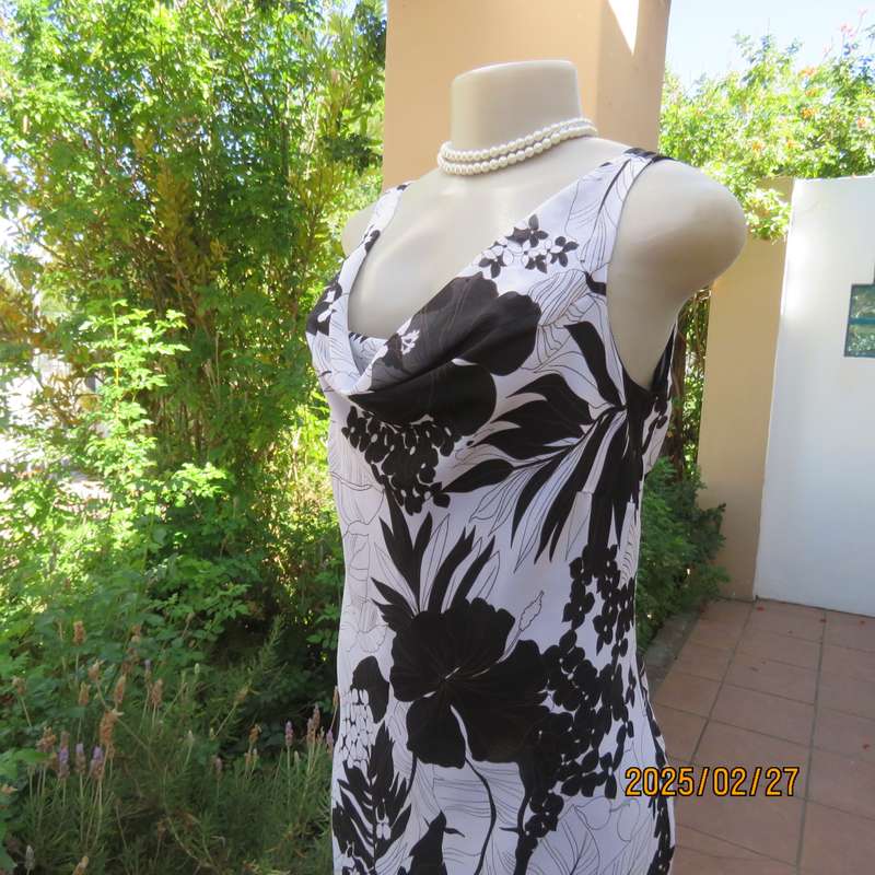 EXACT summer sleeveless black-white floral sheer polyester lined dress. Size 36. Cowl neckline.