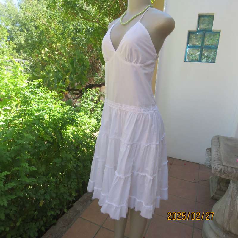 Magnificent white RT DENIM halter neck cotton dress with lining. Under bust gathering. Size 34.