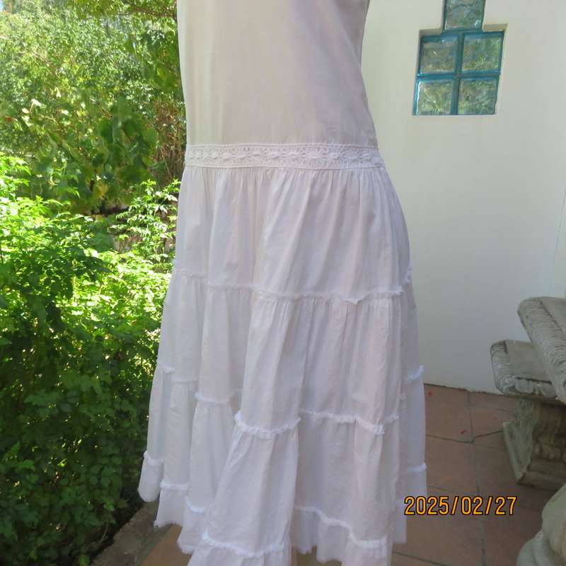 Magnificent white RT DENIM halter neck cotton dress with lining. Under bust gathering. Size 34.