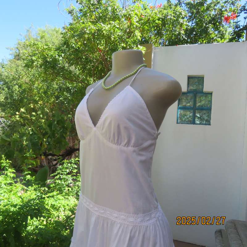 Magnificent white RT DENIM halter neck cotton dress with lining. Under bust gathering. Size 34.