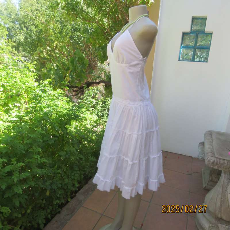 Magnificent white RT DENIM halter neck cotton dress with lining. Under bust gathering. Size 34.