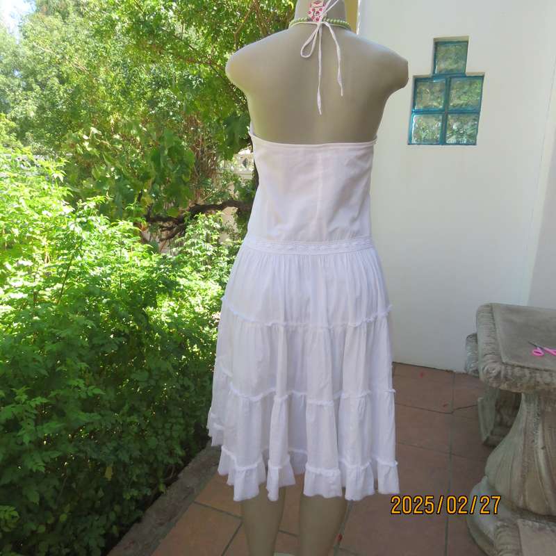 Magnificent white RT DENIM halter neck cotton dress with lining. Under bust gathering. Size 34.