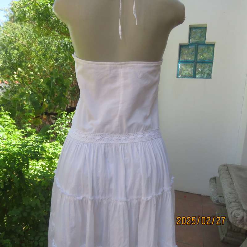 Magnificent white RT DENIM halter neck cotton dress with lining. Under bust gathering. Size 34.