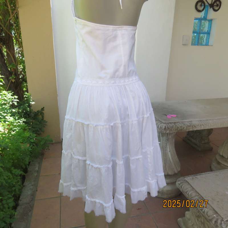 Magnificent white RT DENIM halter neck cotton dress with lining. Under bust gathering. Size 34.