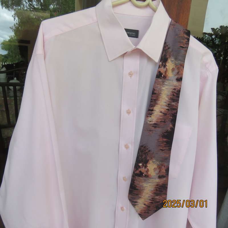 Handsome men's long sleeve polycotton rose pink shirt. Free matching tie. Size XXL by WOOLWORTHS.