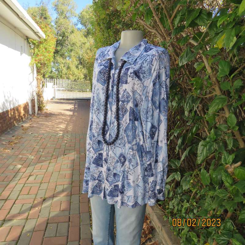 DONNA-CLAIRE long sleeve crinkled cotton button down rayon white-blue size 44 top