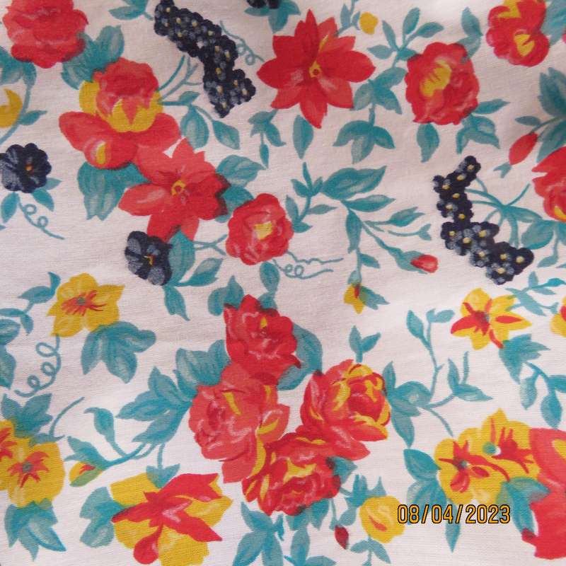 Boutique made white floral button down top in red-blue-yellow. Size 40
