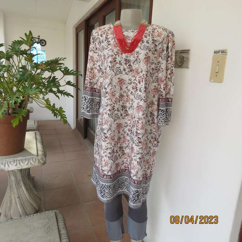 REAL Clothing slip over white with coral-brown-blue floral print long top. Size 44