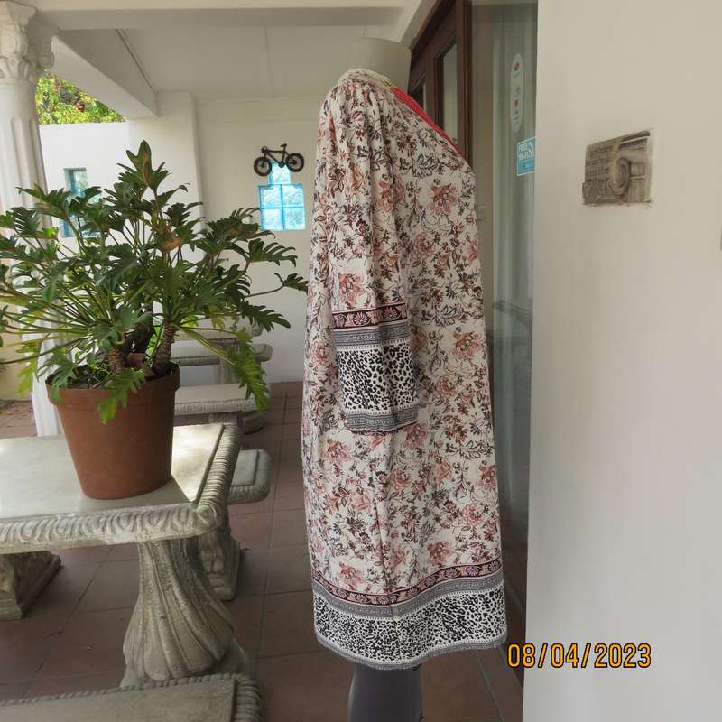 REAL Clothing slip over white with coral-brown-blue floral print long top. Size 44