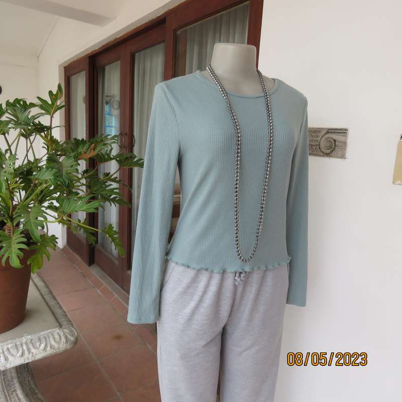 Tea green long sleeve slip over cropped top in ribbed stitch pattern. Size 32