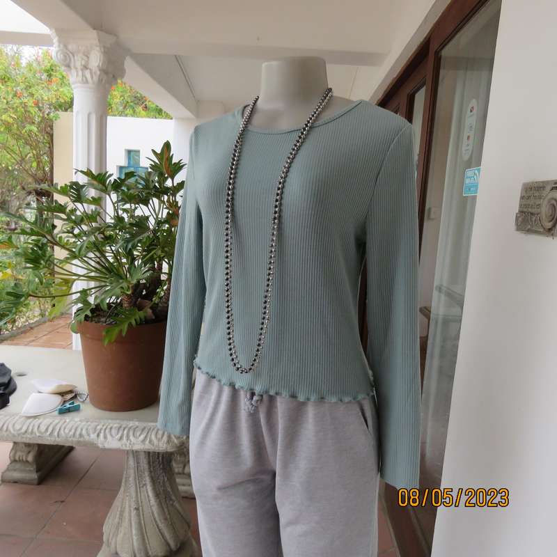 Tea green long sleeve slip over cropped top in ribbed stitch pattern. Size 32