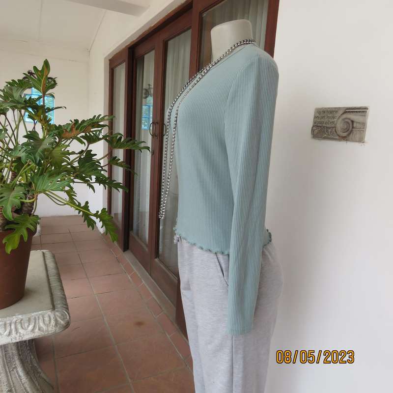 Tea green long sleeve slip over cropped top in ribbed stitch pattern. Size 32