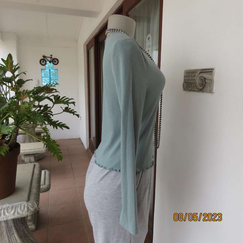 Tea green long sleeve slip over cropped top in ribbed stitch pattern. Size 32