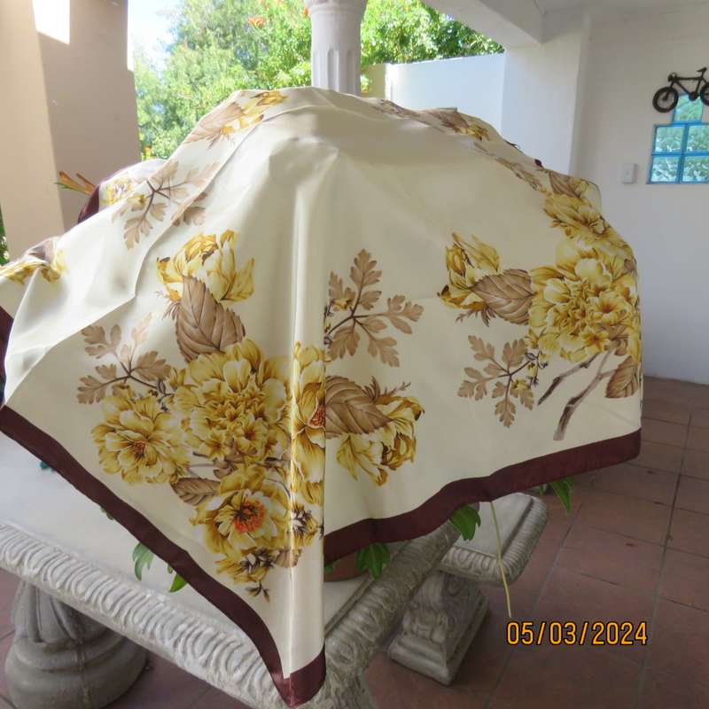 Beautiful square satin polyester 90cm x 90cm scarf. Rich cream - brown edging. Yellow flowers, New