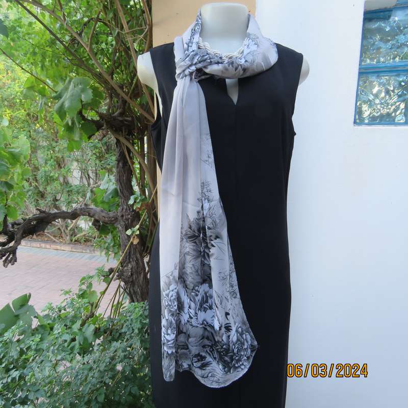 Tastefully printed smoke grey scarf with floral design in shades of grey, Size 150cm x 50cm. New