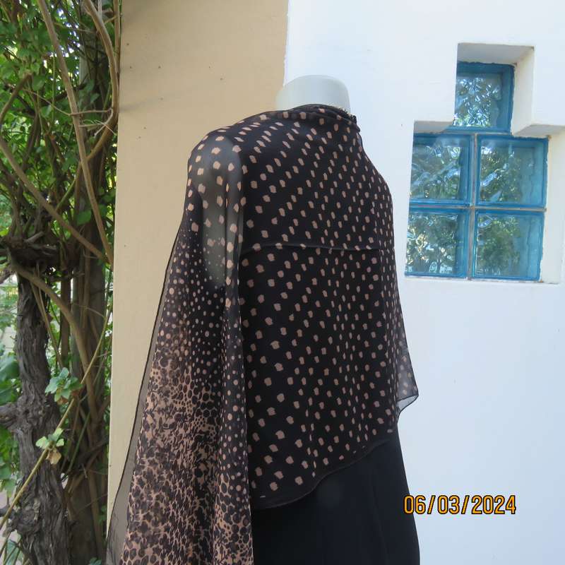 Elegant black sheer polyester scarf with small granola patterns and beautiful borders. 150cm x 50cm.
