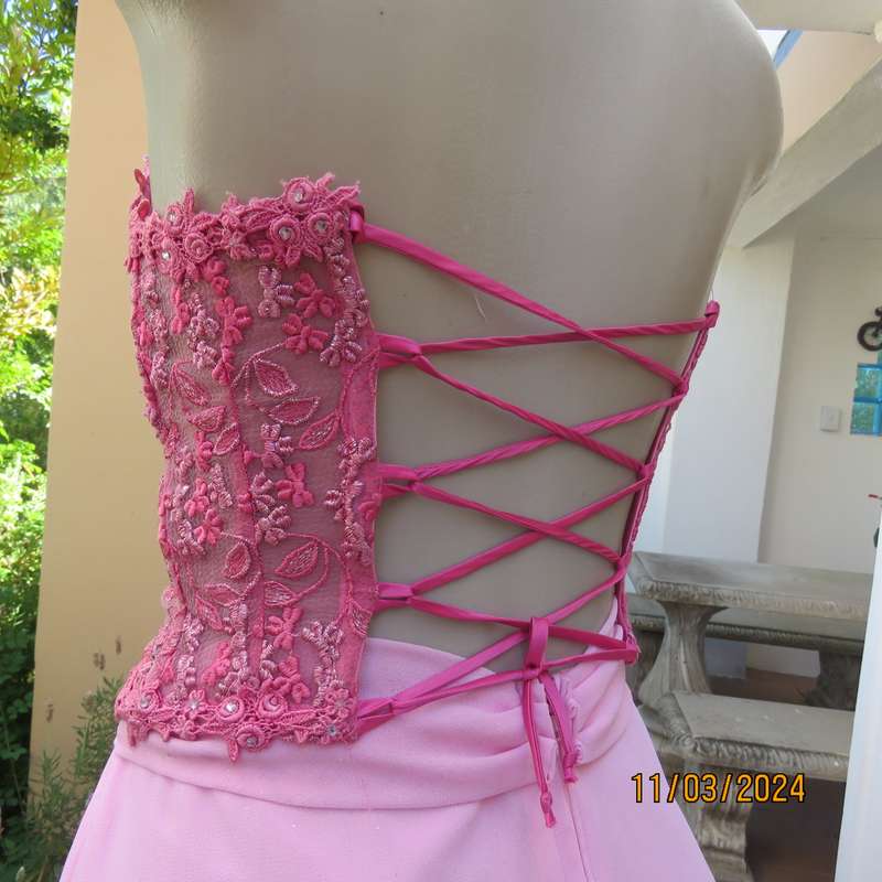 Rose pink-silver richly embroidered size 34 evening corset. Braided back.