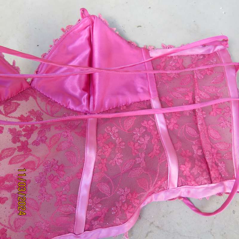 Rose pink-silver richly embroidered size 34 evening corset. Braided back.