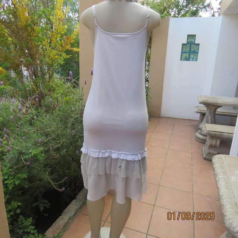VERTIGO cool silver grey cotton dress. Thin adjustable straps. Sheer bottom frills.Size 32.As new.