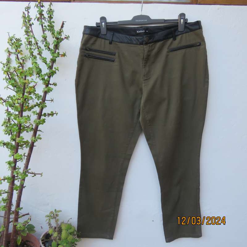 KELSO dark olive green skinny pants size 42 with black faux leather waistband.