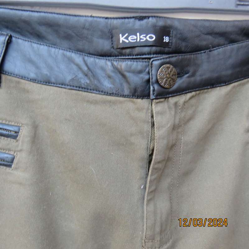 KELSO dark olive green skinny pants size 42 with black faux leather waistband.