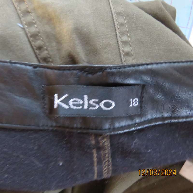 KELSO dark olive green skinny pants size 42 with black faux leather waistband.