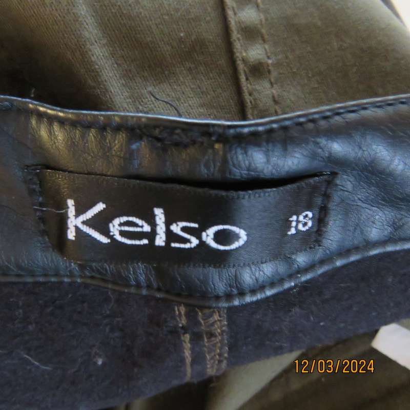 KELSO dark olive green skinny pants size 42 with black faux leather waistband.