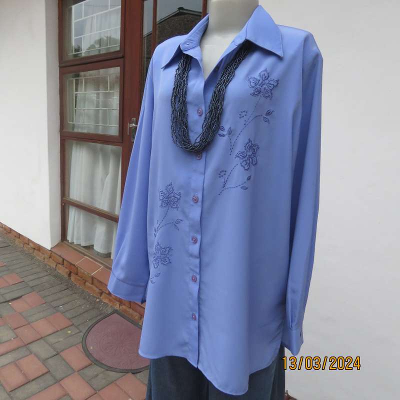 Steel blue richly embroidered long sleeve blouse by CG Collection New York. Size 42