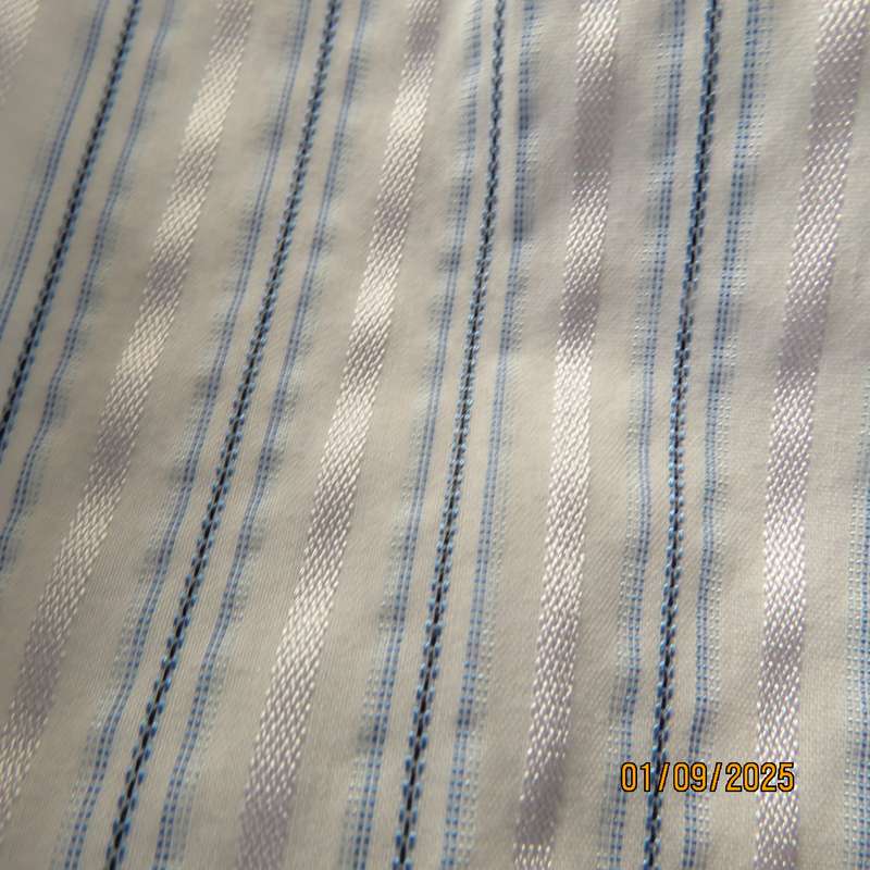 MILADY'S fabulous white long sleeve bubble polycotton top. Blue stripes. Size 38.As new cond.