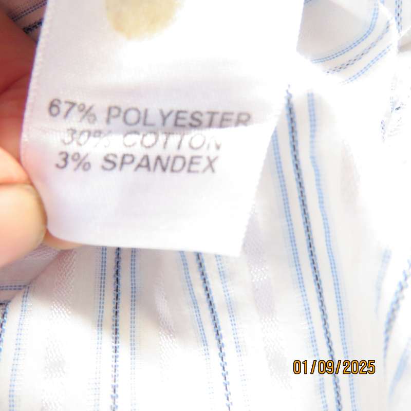 MILADY'S fabulous white long sleeve bubble polycotton top. Blue stripes. Size 38.As new cond.