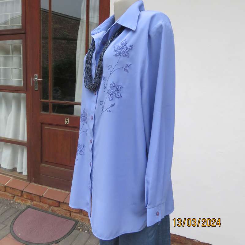 Steel blue richly embroidered long sleeve blouse by CG Collection New York. Size 42