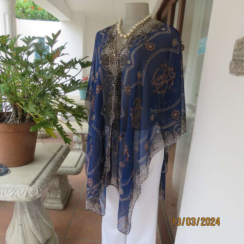 Silky sheer polyester throw in berry blue with chain and animal print. New
