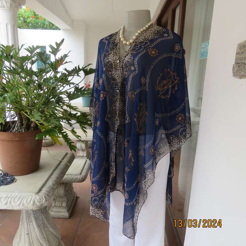 Silky sheer polyester throw in berry blue with chain and animal print. New