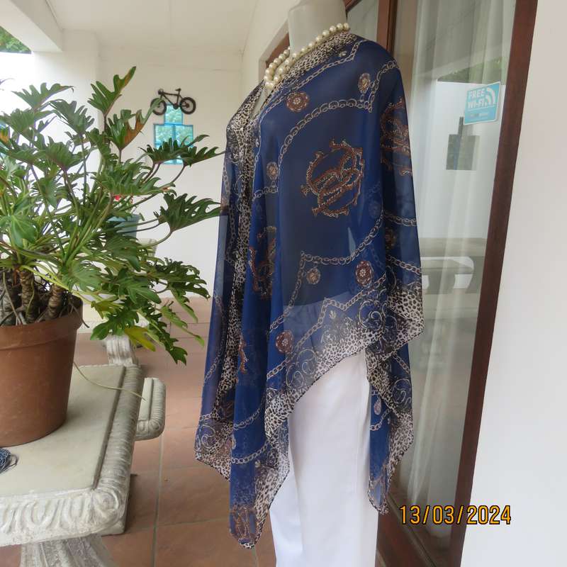 Silky sheer polyester throw in berry blue with chain and animal print. New