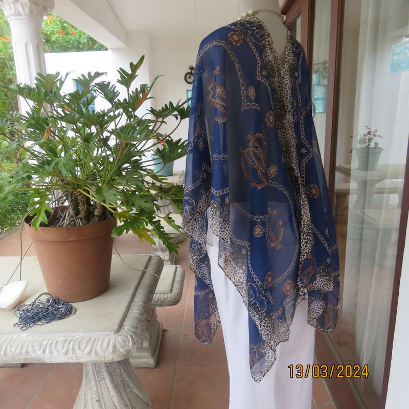 Silky sheer polyester throw in berry blue with chain and animal print. New