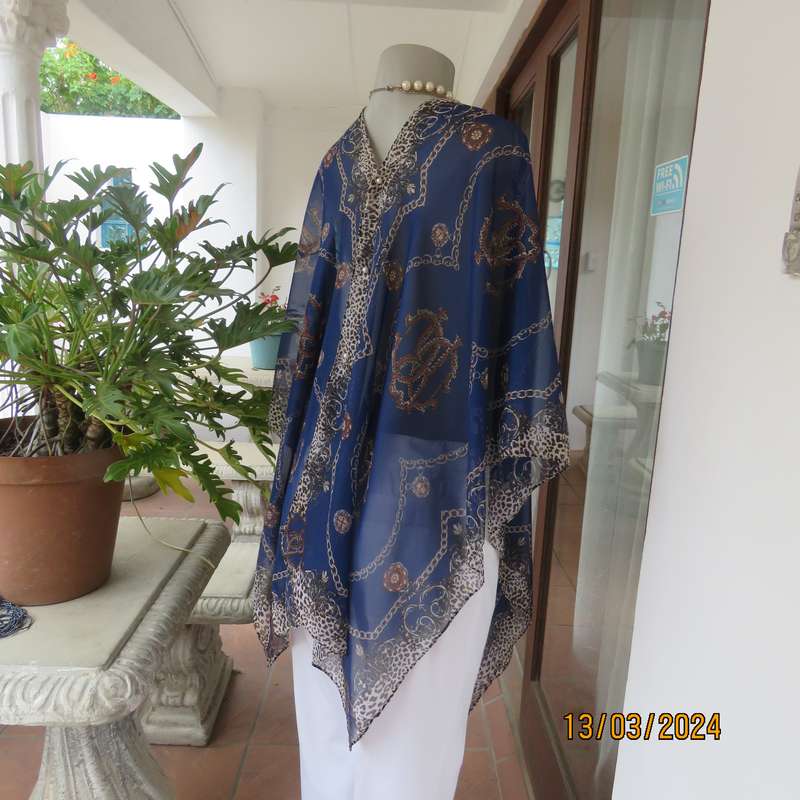 Silky sheer polyester throw in berry blue with chain and animal print. New