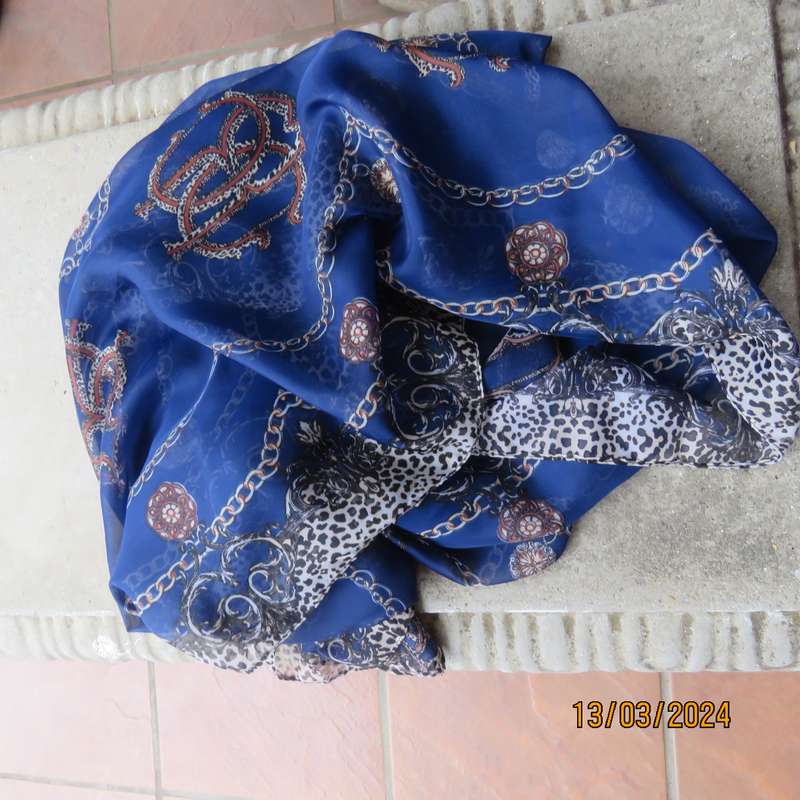 Silky sheer polyester throw in berry blue with chain and animal print. New