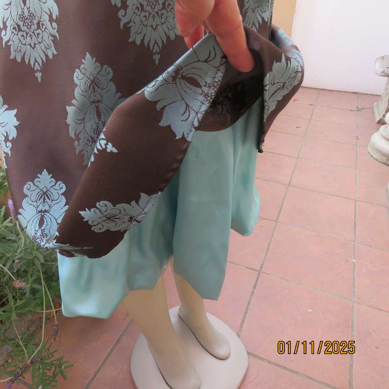 BOUTIQUE made brown brocade dress with light turquoise baroque design and underlayer.Size 36.As new
