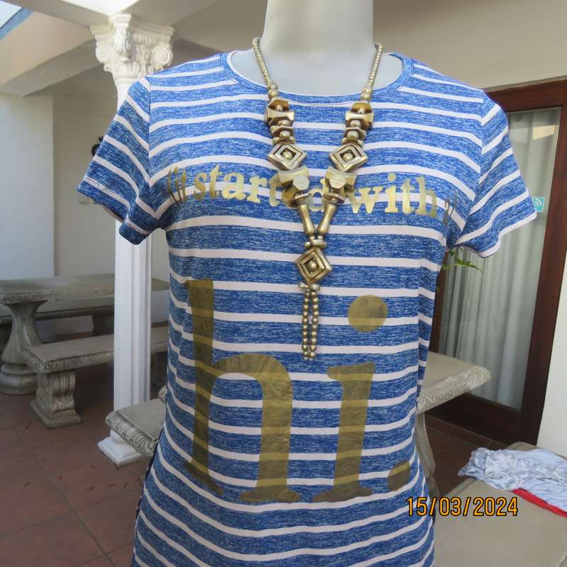 NOBILITY long blue-white horizontal striped slip over top. Size 30. In polycotton stretch.