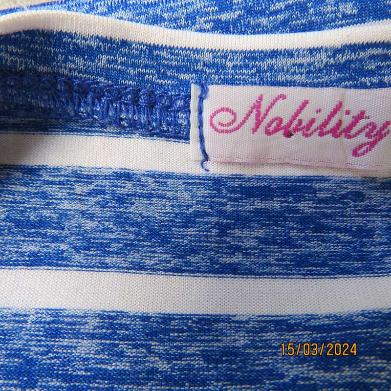 NOBILITY long blue-white horizontal striped slip over top. Size 30. In polycotton stretch.