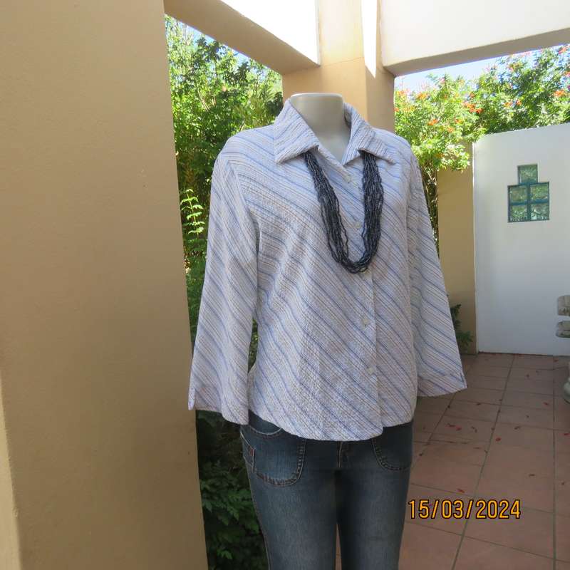 Smart casual blue white and beige vertical striped stretch bubble polycotton size 38 top