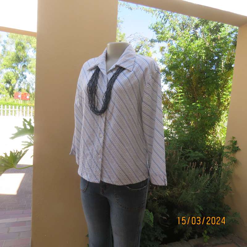 Smart casual blue white and beige vertical striped stretch bubble polycotton size 38 top