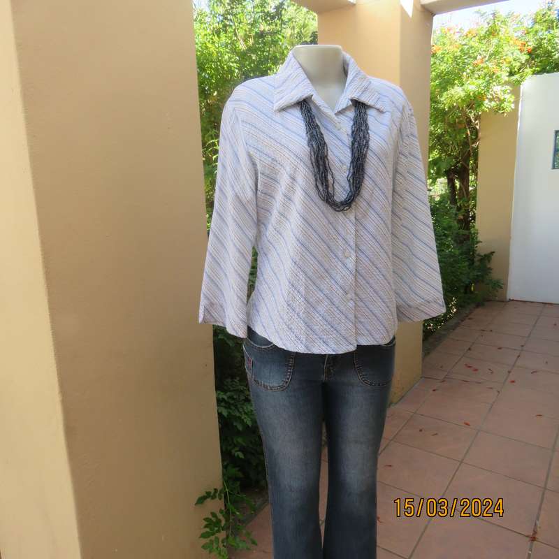 Smart casual blue white and beige vertical striped stretch bubble polycotton size 38 top